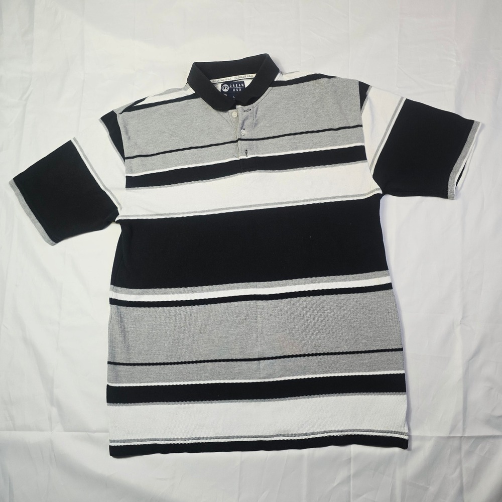 Dream USA Men's Polo Shirt Large Black Grey White Striped Short Sleeve Pique B62
